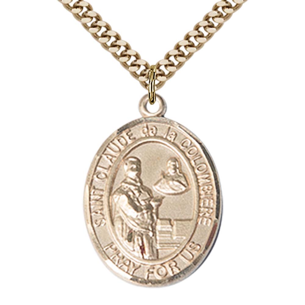 14kt Gold Filled St. Claude de la Colombiere Pendant with 24 inch Gold Plate Heavy Curb Chain