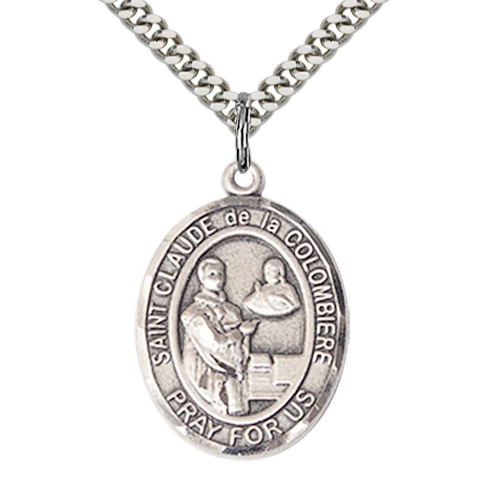 Sterling Silver St. Claude de la Colombiere Pendant with 24 Inch Light Rhodium Heavy Curb Chain