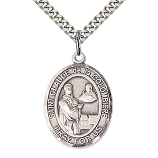 Sterling Silver St. Claude de la Colombiere Pendant with 24 Inch Light Rhodium Heavy Curb Chain