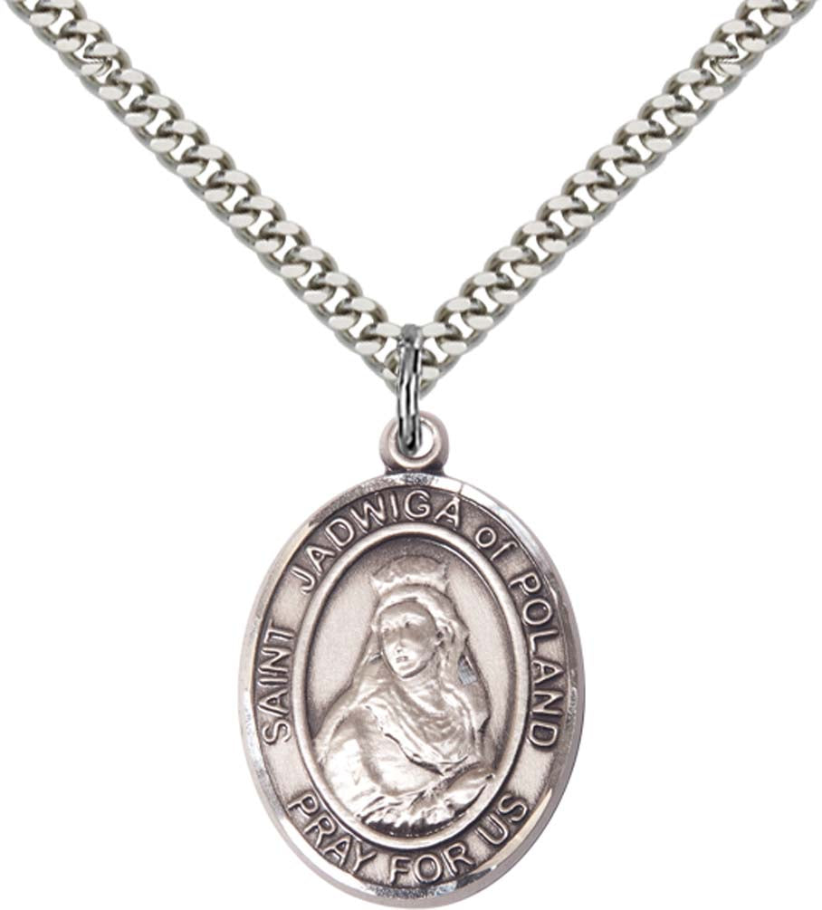 Sterling Silver St. Jadwiga of Poland Pendant with 24 Inch Light Rhodium Heavy Curb Chain