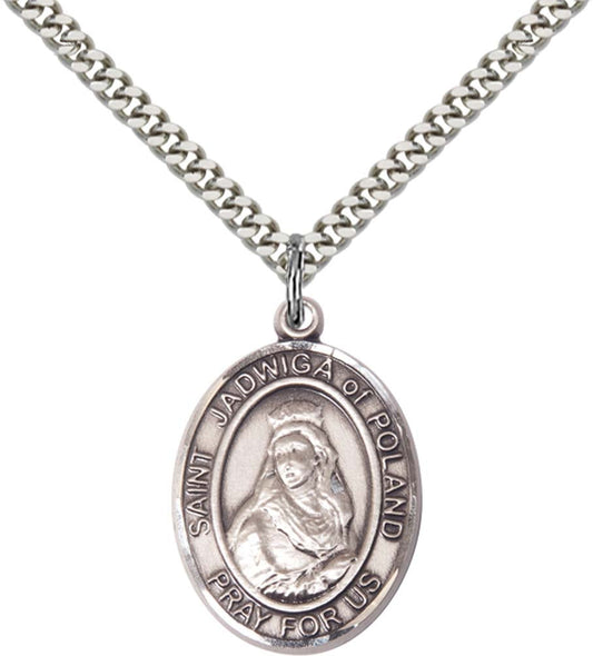 Sterling Silver St. Jadwiga of Poland Pendant with 24 Inch Light Rhodium Heavy Curb Chain