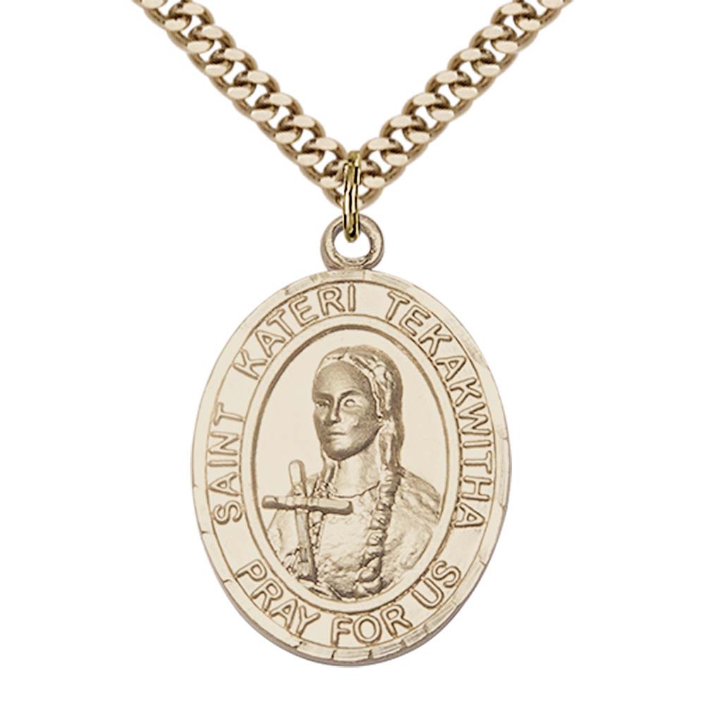 14kt Gold Filled St. Kateri Tekakwitha Pendant with 24 inch Gold Plate Heavy Curb Chain