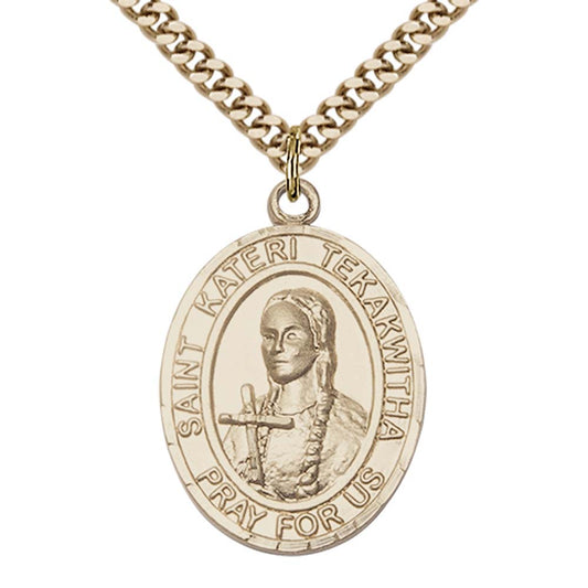 14kt Gold Filled St. Kateri Tekakwitha Pendant with 24 inch Gold Plate Heavy Curb Chain