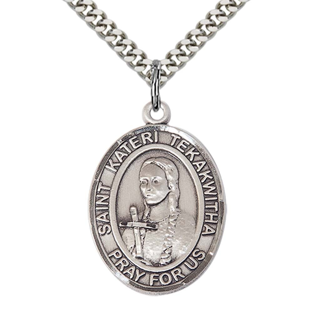 Sterling Silver St. Kateri Tekakwitha Pendant with 24 Inch Light Rhodium Heavy Curb Chain
