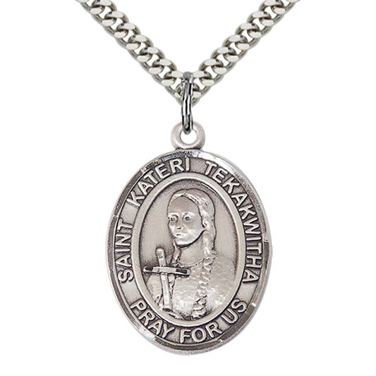 Sterling Silver St. Kateri Tekakwitha Pendant with 24 Inch Light Rhodium Heavy Curb Chain