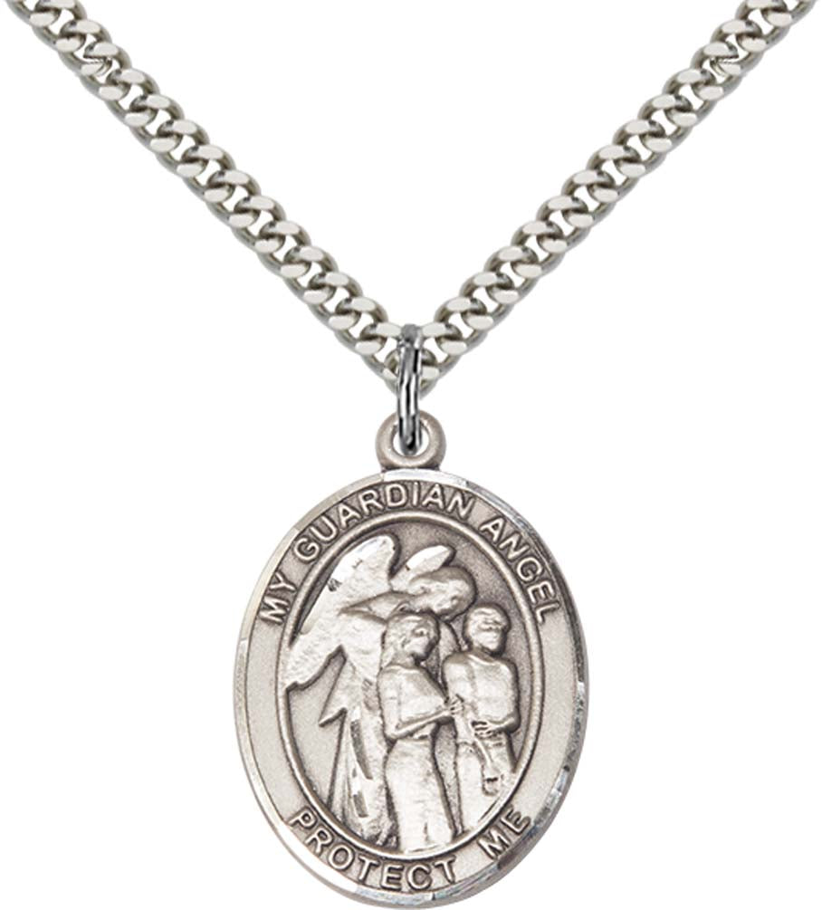 Sterling Silver Guardian Angel w/Children Pendant with 24 Inch Light Rhodium Heavy Curb Chain