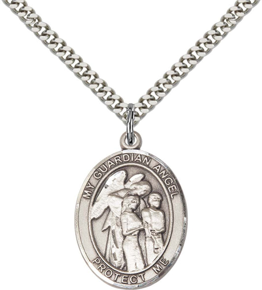 Sterling Silver Guardian Angel w/Children Pendant with 24 Inch Light Rhodium Heavy Curb Chain