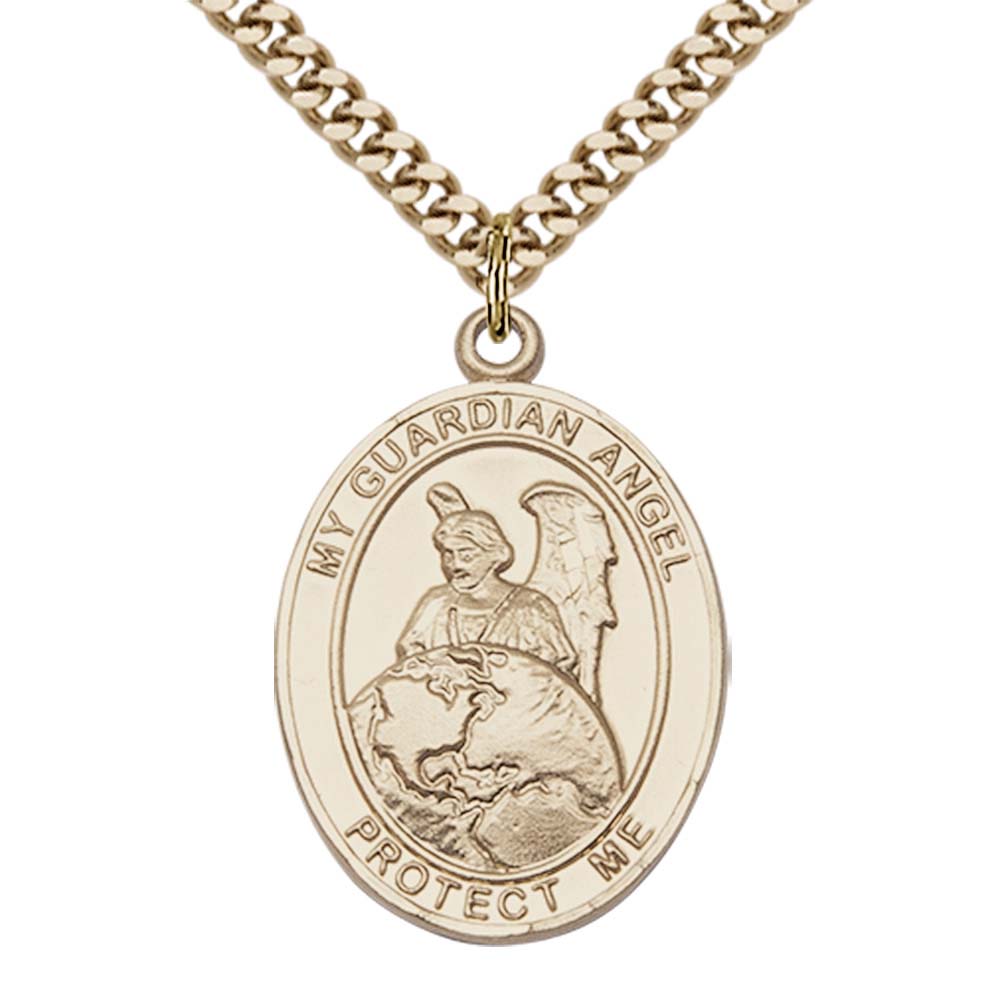 14kt Gold Filled Guardian Angel Protector Pendant with 24 inch Gold Plate Heavy Curb Chain
