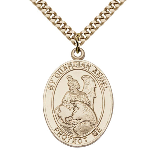 14kt Gold Filled Guardian Angel Protector Pendant with 24 inch Gold Plate Heavy Curb Chain