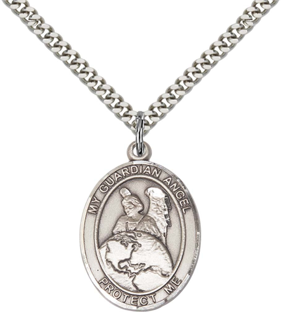 Sterling Silver Guardian Angel Protector Pendant with 24 Inch Light Rhodium Heavy Curb Chain