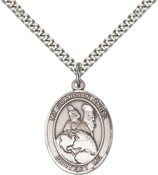 Sterling Silver Guardian Angel Protector Pendant with 24 Inch Light Rhodium Heavy Curb Chain