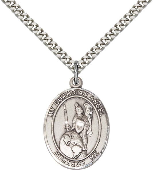 Sterling Silver Guardian Angel of the World Pendant with 24 Inch Light Rhodium Heavy Curb Chain