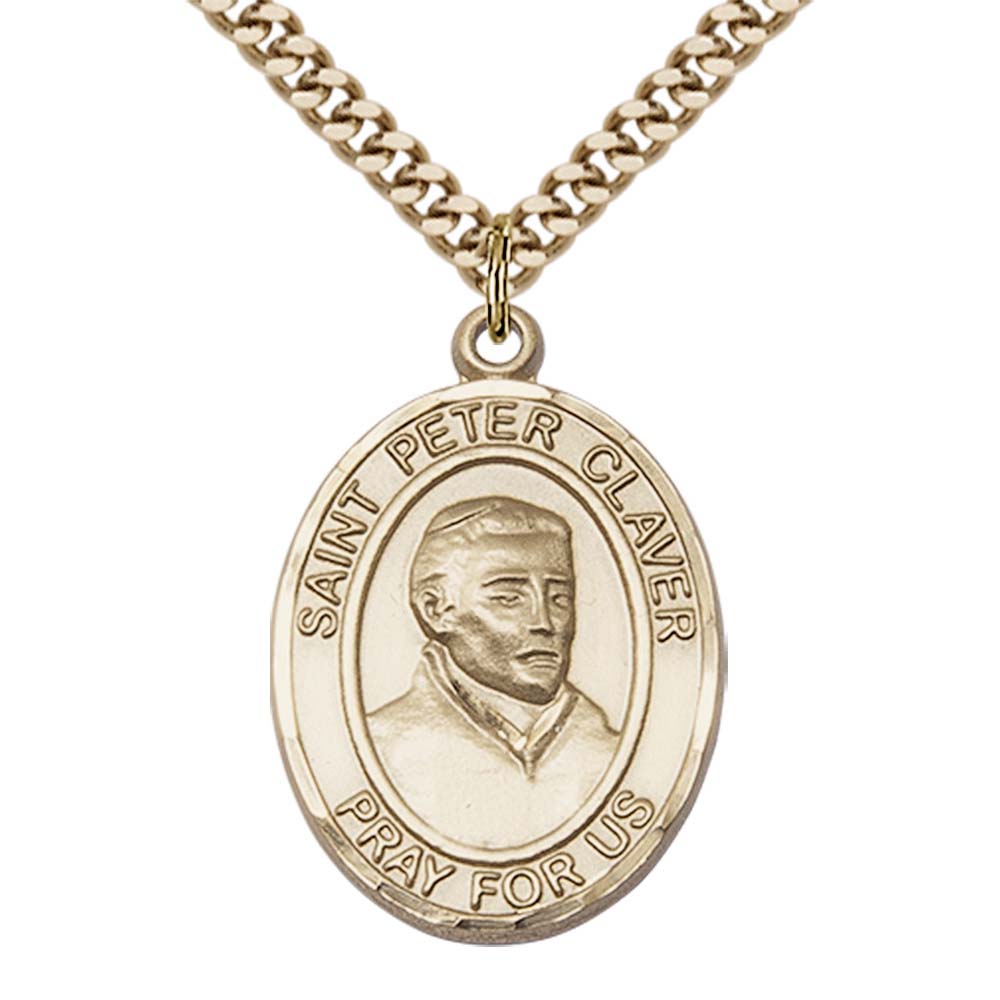14kt Gold Filled St. Peter Claver Pendant with 24 inch Gold Plate Heavy Curb Chain