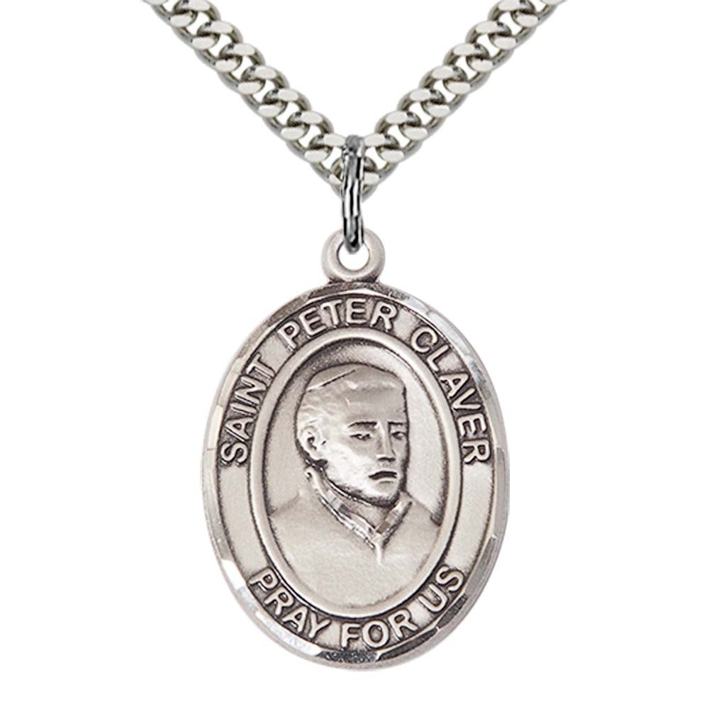 Sterling Silver St. Peter Claver Pendant with 24 Inch Light Rhodium Heavy Curb Chain