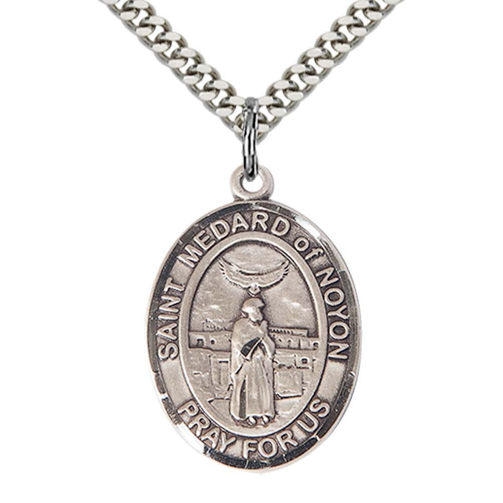 Sterling Silver St. Medard of Noyon Pendant with 24 Inch Light Rhodium Heavy Curb Chain