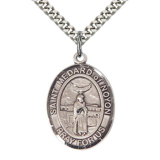 Sterling Silver St. Medard of Noyon Pendant with 24 Inch Light Rhodium Heavy Curb Chain