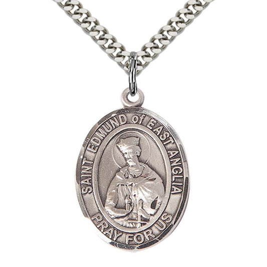 Sterling Silver St. Edmund Of East Anglia Pendant with 24 Inch Light Rhodium Heavy Curb Chain