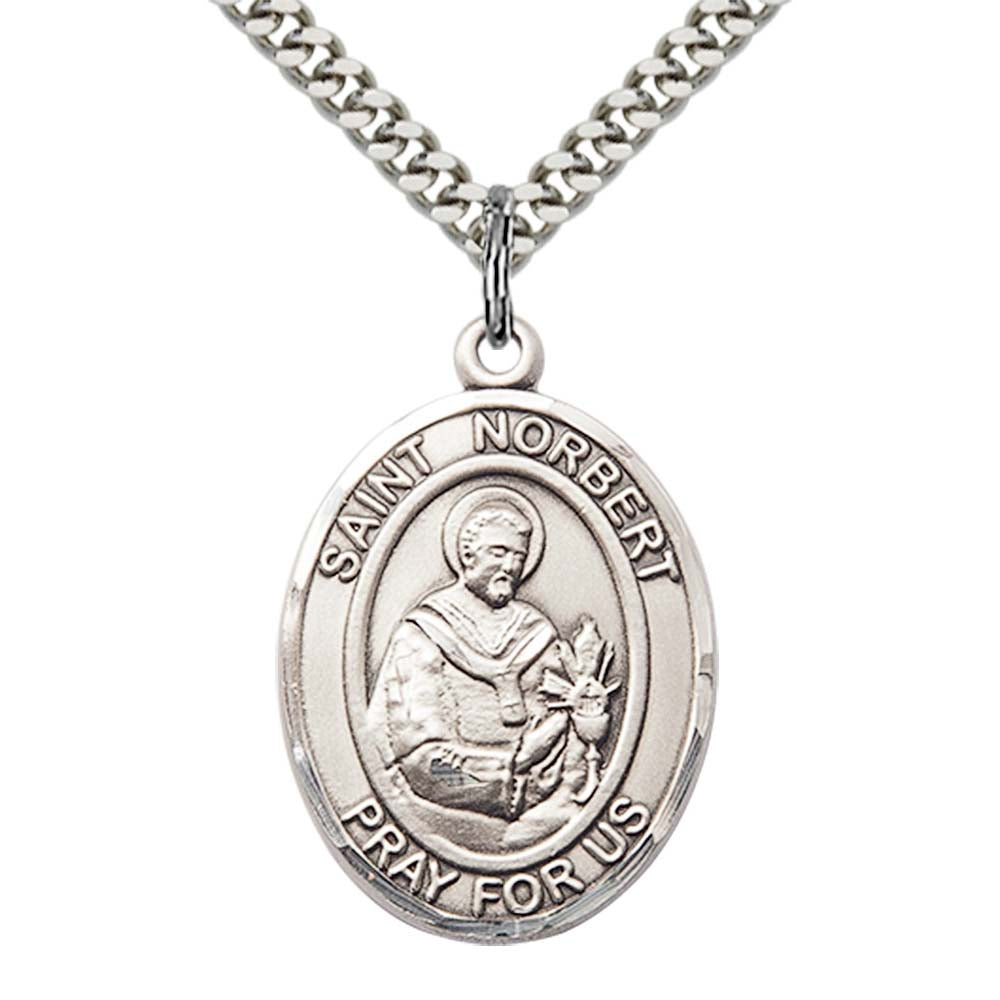 Sterling Silver St. Norbert of Xanten Pendant with 24 Inch Light Rhodium Heavy Curb Chain