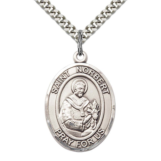 Sterling Silver St. Norbert of Xanten Pendant with 24 Inch Light Rhodium Heavy Curb Chain