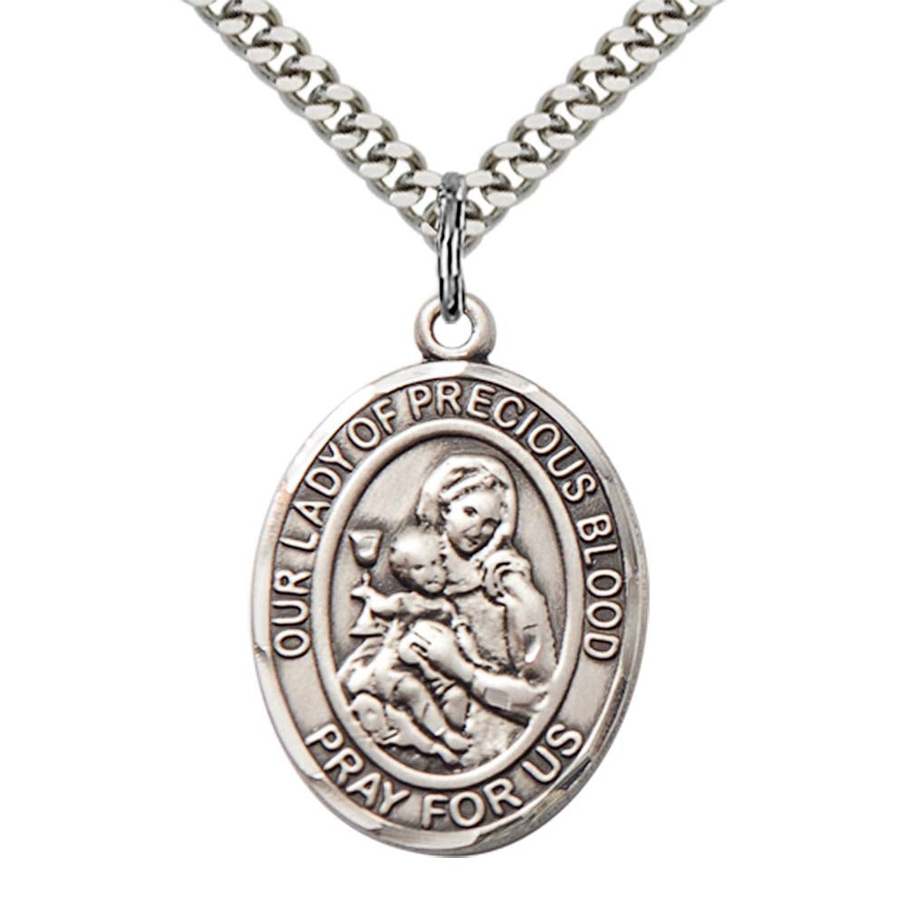Sterling Silver O/L of the Precious Blood Pendant with 24 Inch Light Rhodium Heavy Curb Chain