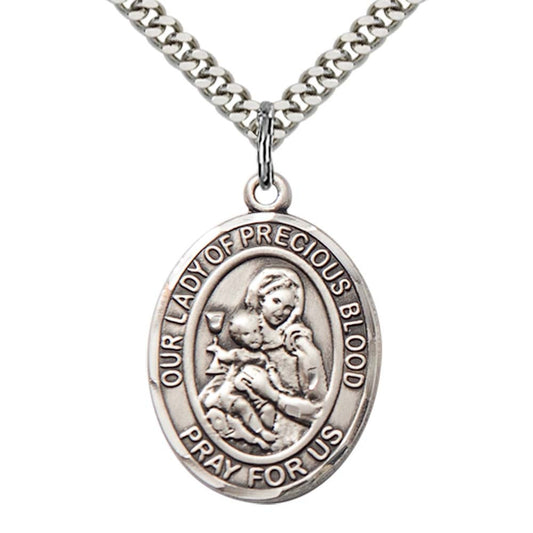 Sterling Silver O/L of the Precious Blood Pendant with 24 Inch Light Rhodium Heavy Curb Chain