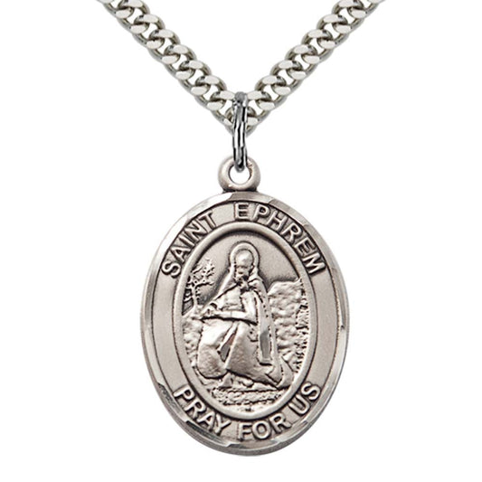 Sterling Silver St. Ephrem Pendant with 24 Inch Light Rhodium Heavy Curb Chain