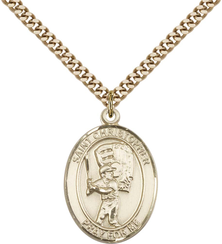 14kt Gold Filled St. Christopher/Baseball Pendant with 24 inch Gold Plate Heavy Curb Chain