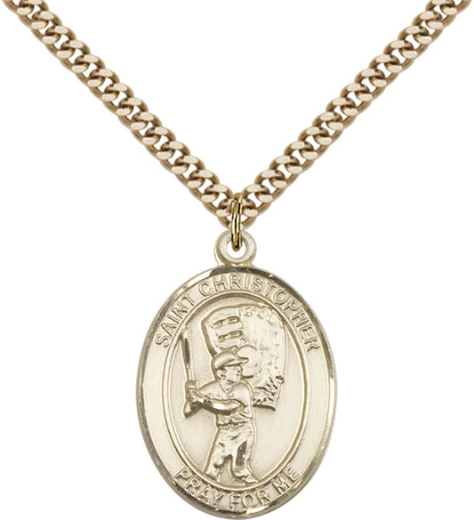 14kt Gold Filled St. Christopher/Baseball Pendant with 24 inch Gold Plate Heavy Curb Chain