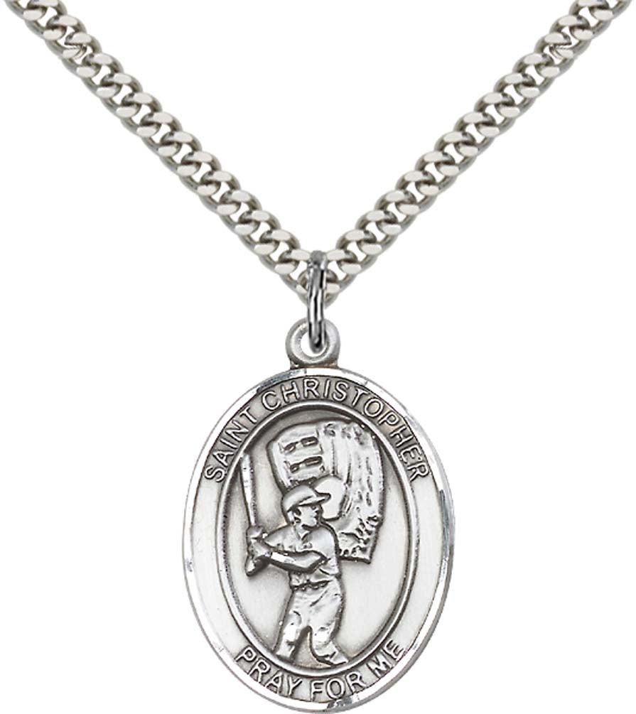 Sterling Silver St. Christopher Pendant with 24 Inch Light Rhodium Heavy Curb Chain - Large Baseball