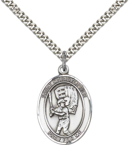 Sterling Silver St. Christopher Pendant with 24 Inch Light Rhodium Heavy Curb Chain - Large Baseball