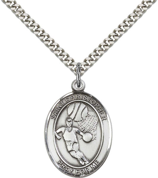 Sterling Silver St. Christopher Pendant with 24 Inch Light Rhodium Heavy Curb Chain - Large Basketball 502-1