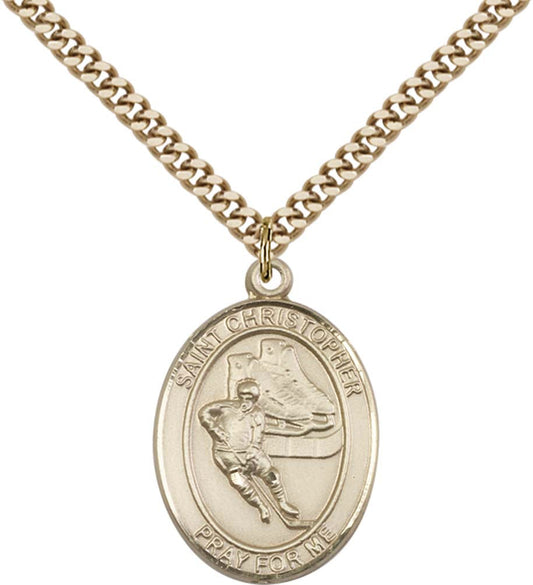 14kt Gold Filled St. Christopher/Hockey Pendant with 24 inch Gold Plate Heavy Curb Chain