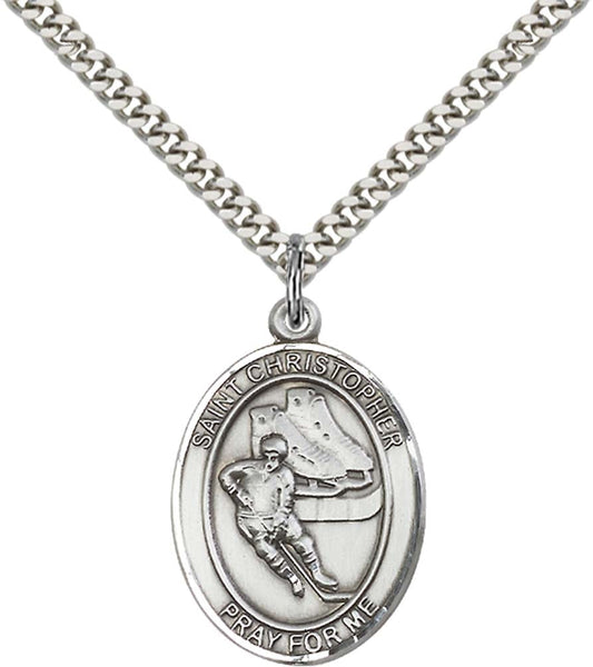 Sterling Silver St. Christopher/Hockey Pendant with 24 Inch Light Rhodium Heavy Curb Chain