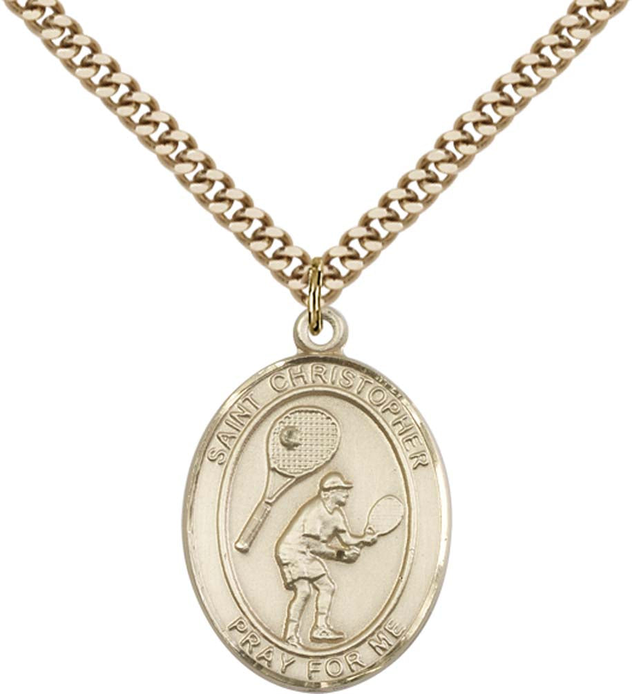 14kt Gold Filled St. Christopher/Tennis Pendant with 24 inch Gold Plate Heavy Curb Chain