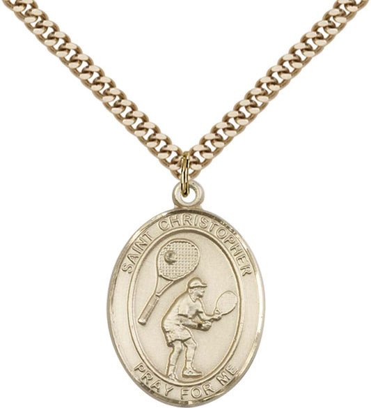 14kt Gold Filled St. Christopher/Tennis Pendant with 24 inch Gold Plate Heavy Curb Chain