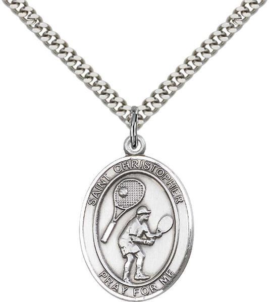 Sterling Silver St. Christopher/Tennis Pendant with 24 Inch Light Rhodium Heavy Curb Chain