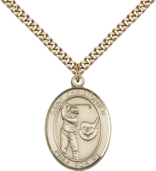 14kt Gold Filled St. Christopher/Golf Pendant with 24 inch Gold Plate Heavy Curb Chain
