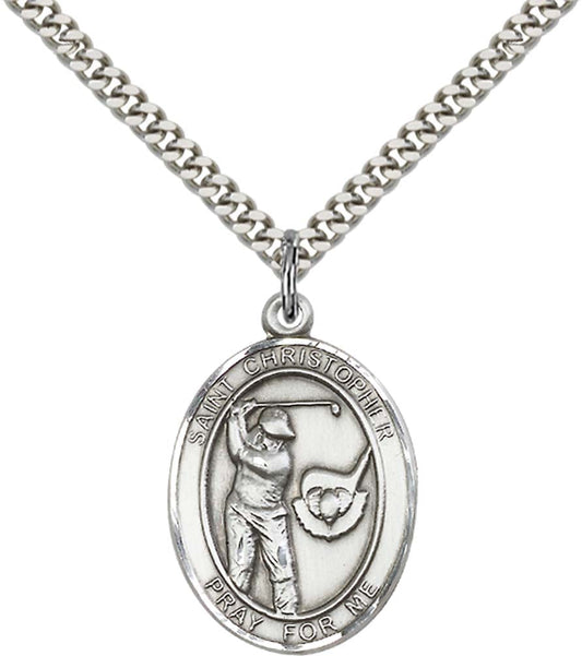 Sterling Silver St. Christopher / Golf Pendant with 24 Inch Light Rhodium Heavy Curb Chain