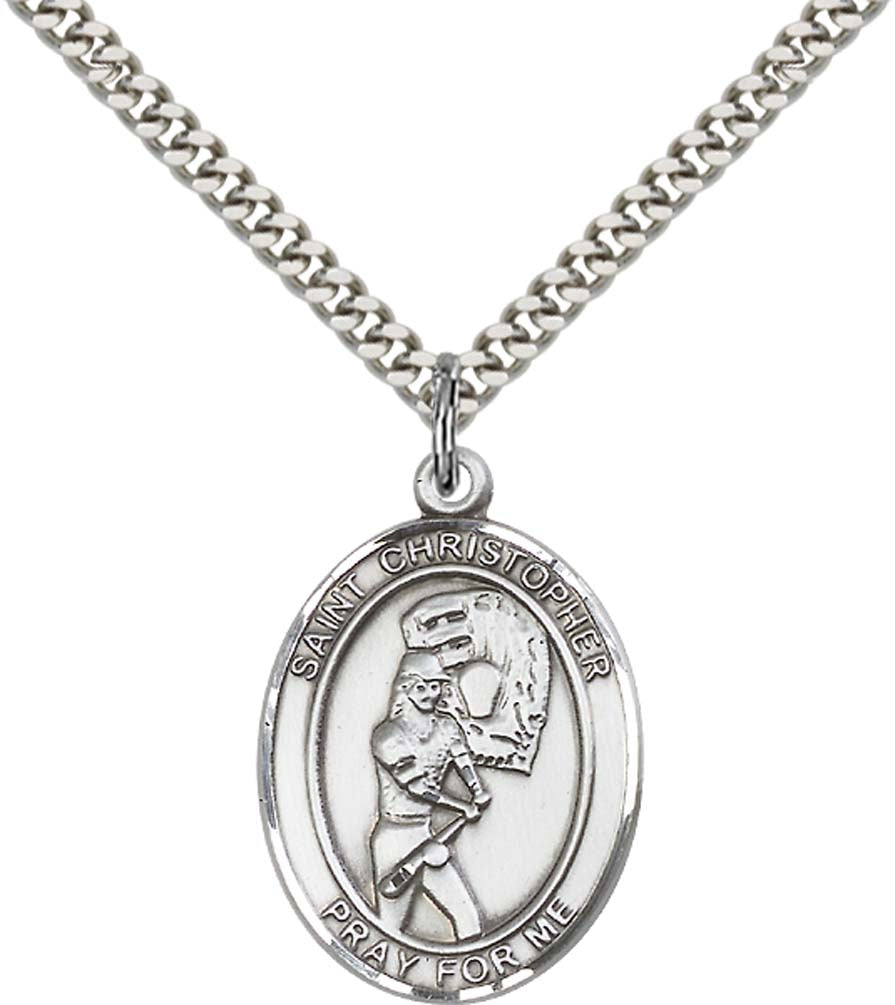 Sterling Silver St. Christopher/Softball Pendant with 24 Inch Light Rhodium Heavy Curb Chain - Large