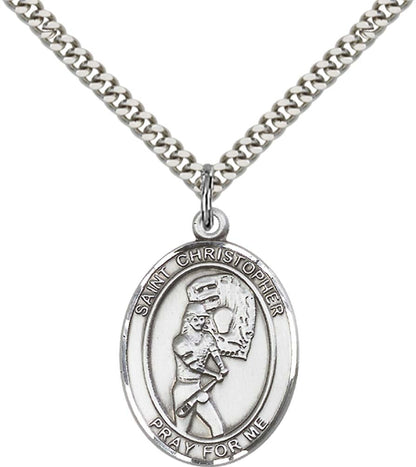 Sterling Silver St. Christopher/Softball Pendant with 24 Inch Light Rhodium Heavy Curb Chain - Large