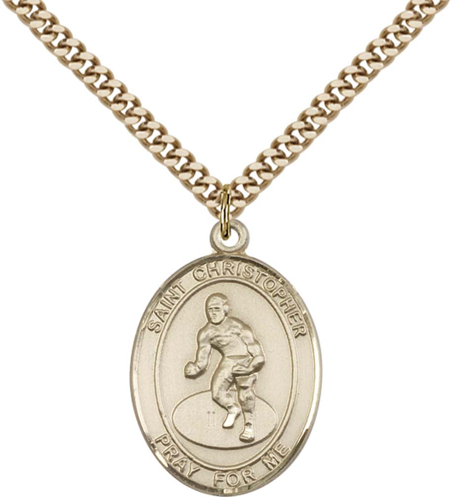 14kt Gold Filled St. Christopher/Wrestling Pendant with 24 inch Gold Plate Heavy Curb Chain - Large