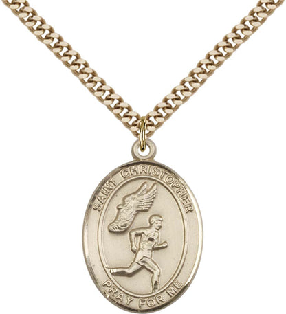 14kt Gold Filled St. Christopher/Track&Field Pendant with 24 inch Gold Plate Heavy Curb Chain - Large