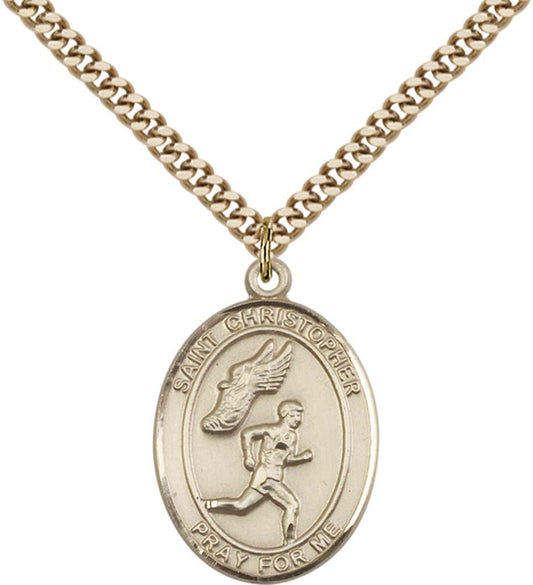 14kt Gold Filled St. Christopher/Track&Field Pendant with 24 inch Gold Plate Heavy Curb Chain - Large