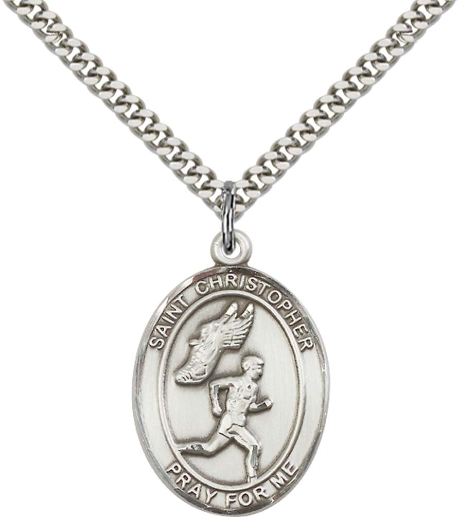 Sterling Silver St. Christopher/Track&Field Men Pe with 24 Inch Light Rhodium Heavy Curb Chain