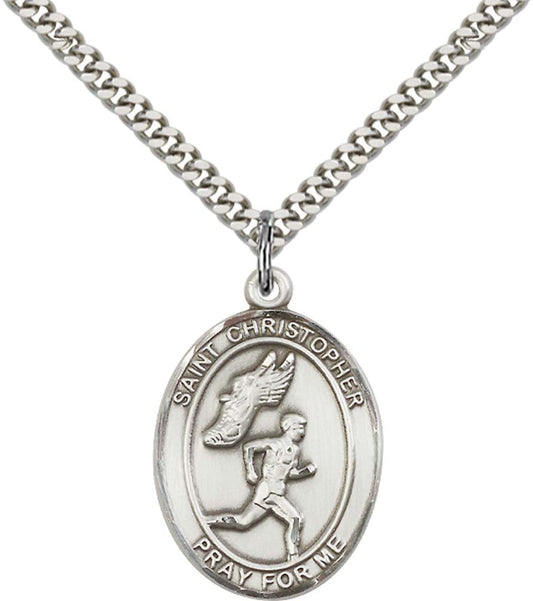 Sterling Silver St. Christopher/Track&Field Men Pe with 24 Inch Light Rhodium Heavy Curb Chain