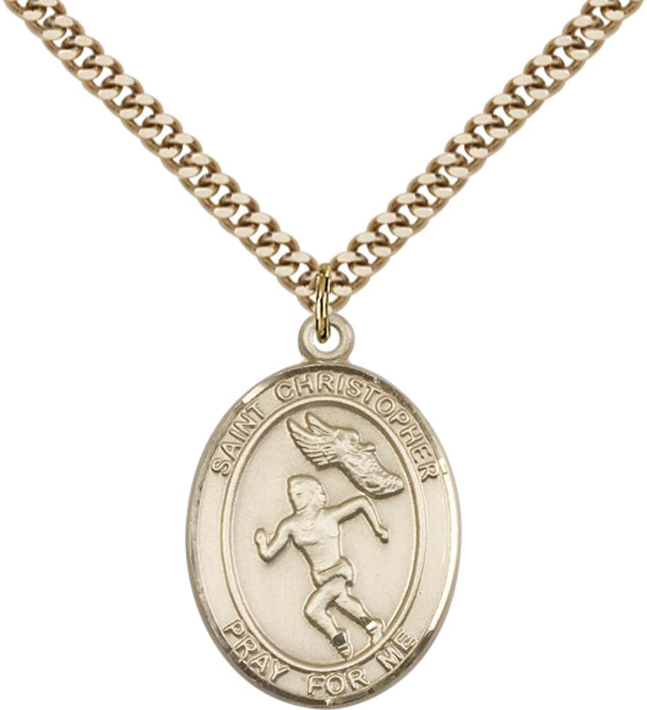 14kt Gold Filled St. Christopher/Track&Field Pendant with 24 inch Gold Plate Heavy Curb Chain - Large