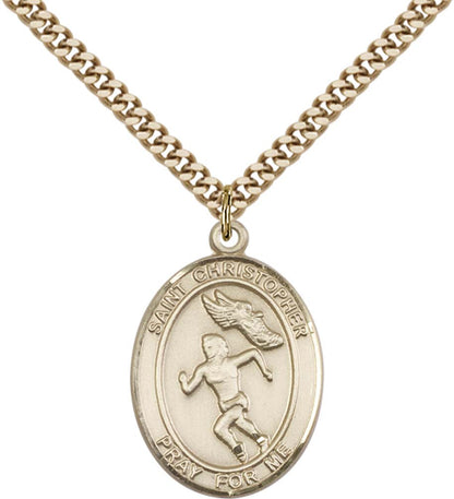 14kt Gold Filled St. Christopher/Track&Field Pendant with 24 inch Gold Plate Heavy Curb Chain - Large