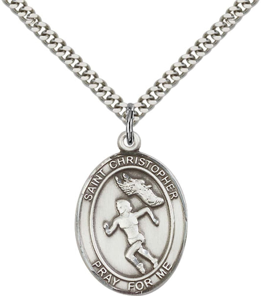 Sterling Silver St. Christopher/Track&Field Women with 24 Inch Light Rhodium Heavy Curb Chain