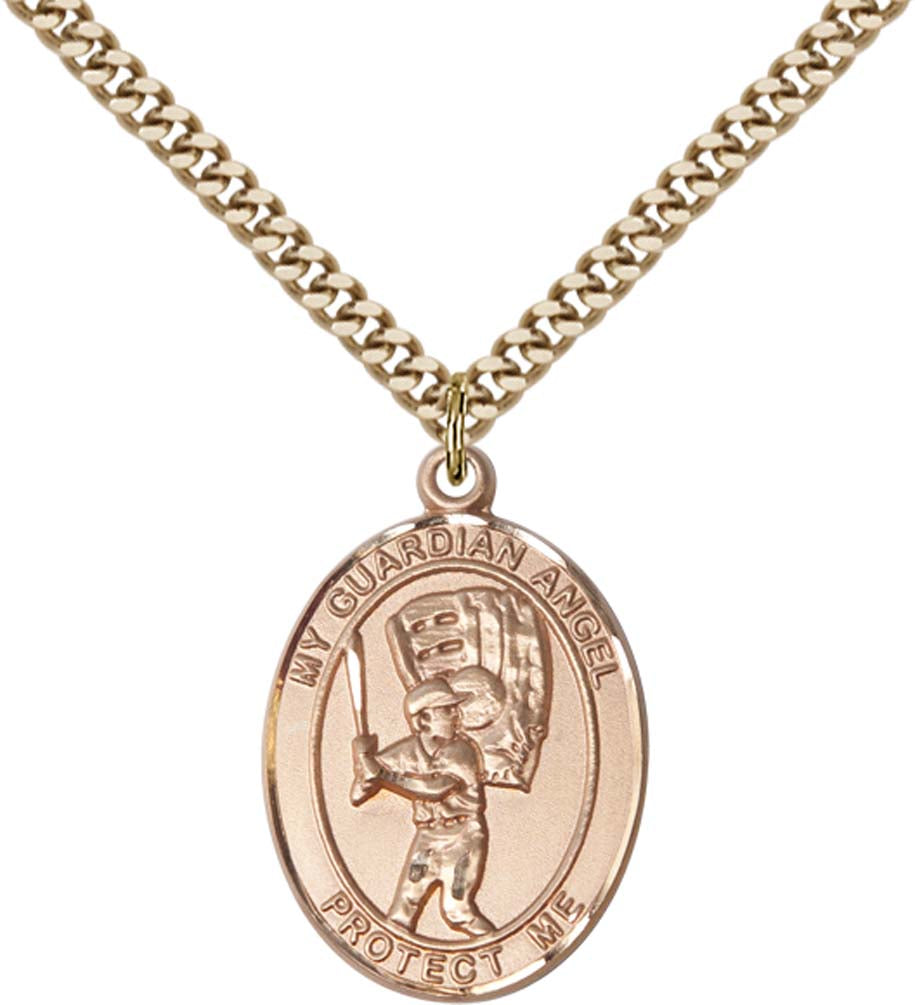 14kt Gold Filled Guardian Angel/Baseball Pendant with 24 inch Gold Plate Heavy Curb Chain