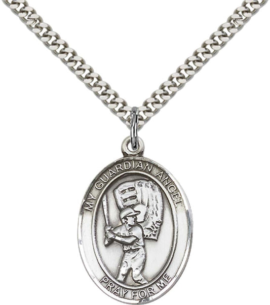 Sterling Silver Guardian Angel/Baseball Pendant with 24 Inch Light Rhodium Heavy Curb Chain